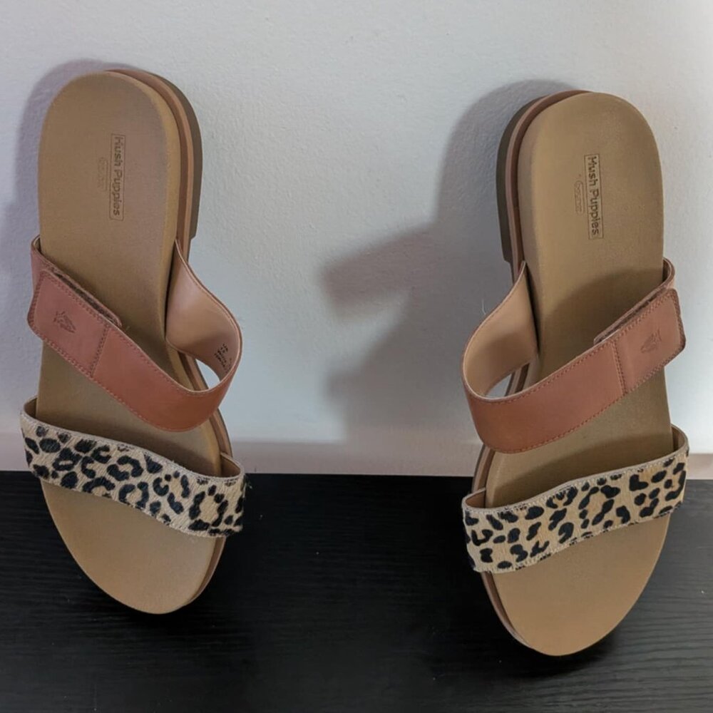 Hush Puppies Leopard Print Tan Leather Slide Sandals Women’s 12W Comfort